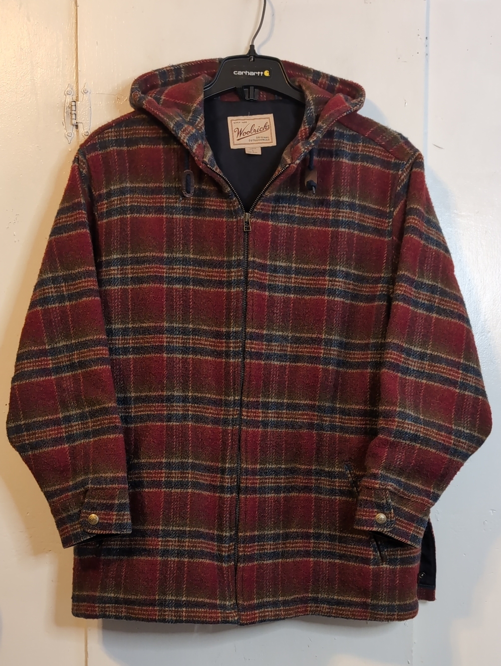 Vint. Woolrich Wool Red Plaid Coat womens large